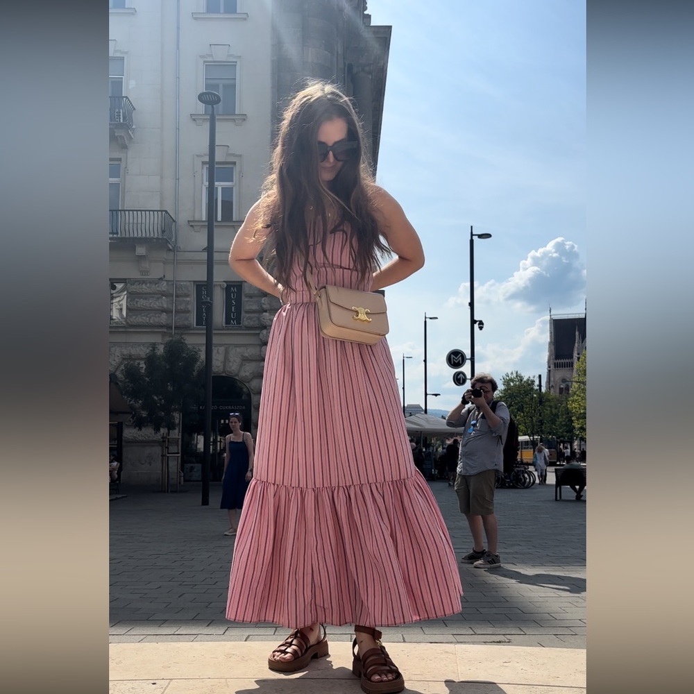 Pink midi maxi zara striped dress blogger favorite xs